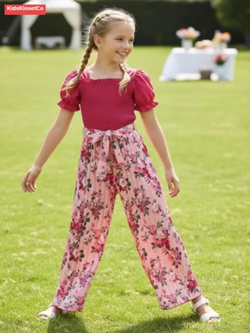 Girls Puff Sleeve Belted Wide Leg Jumpsuit Romper Floral Smocked